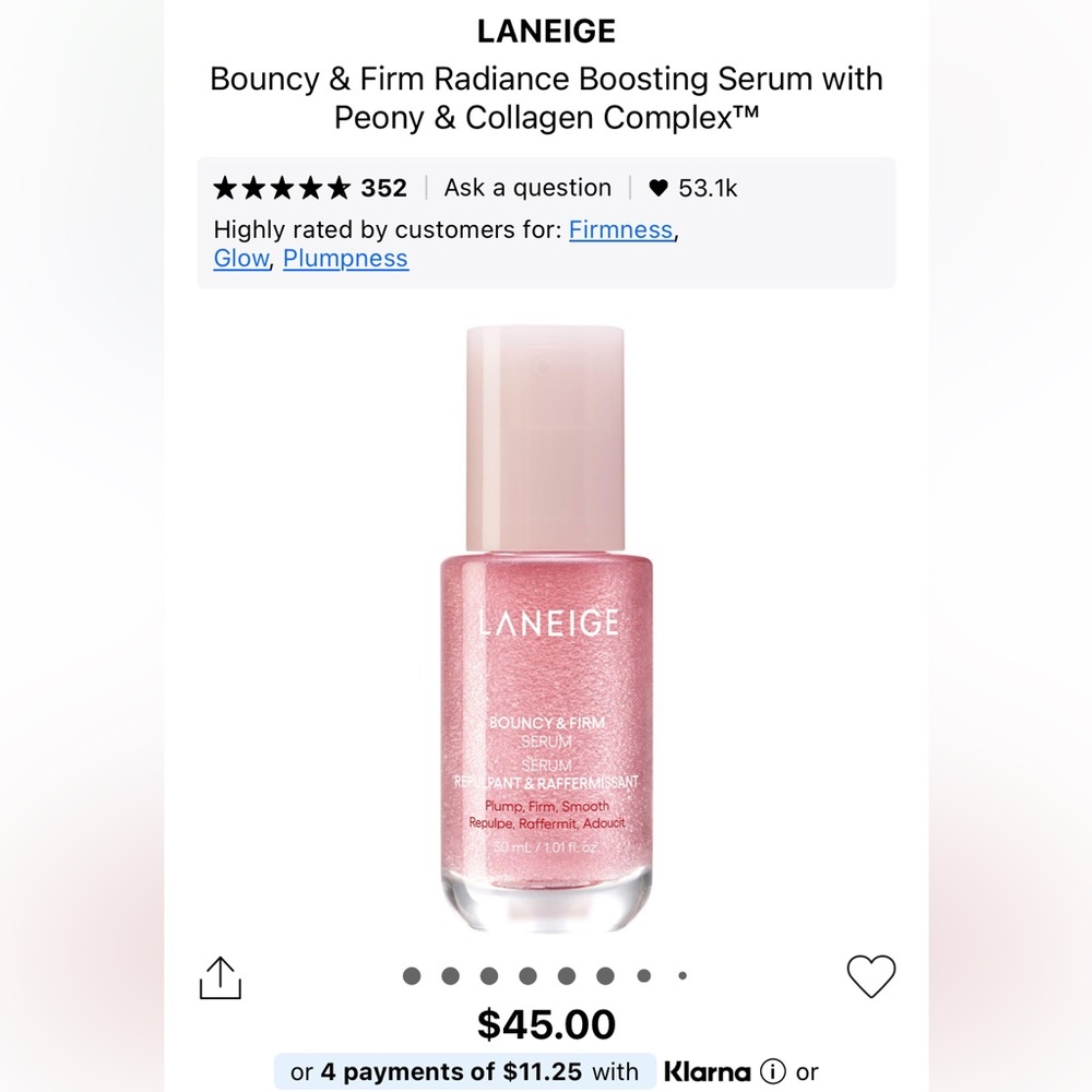 LANEIGE
Bouncy & Firm Radiance Boosting Serum with
Peony & Collagen Complex™